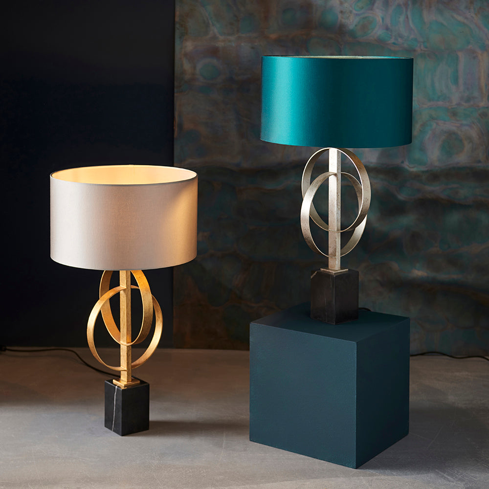 Hoop Detail Table Lamp In Silver Leaf With Teal Satin Fabric & Marble Base - ID 11177