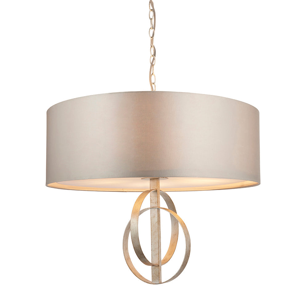 Hoop Detail Large Five Light Pendant In Silver Leaf With Mink Satin Fabric - ID 11170