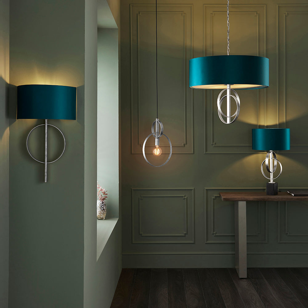 Hoop Detail Wall Light In Silver Leaf With Teal Satin Fabric - ID 11178