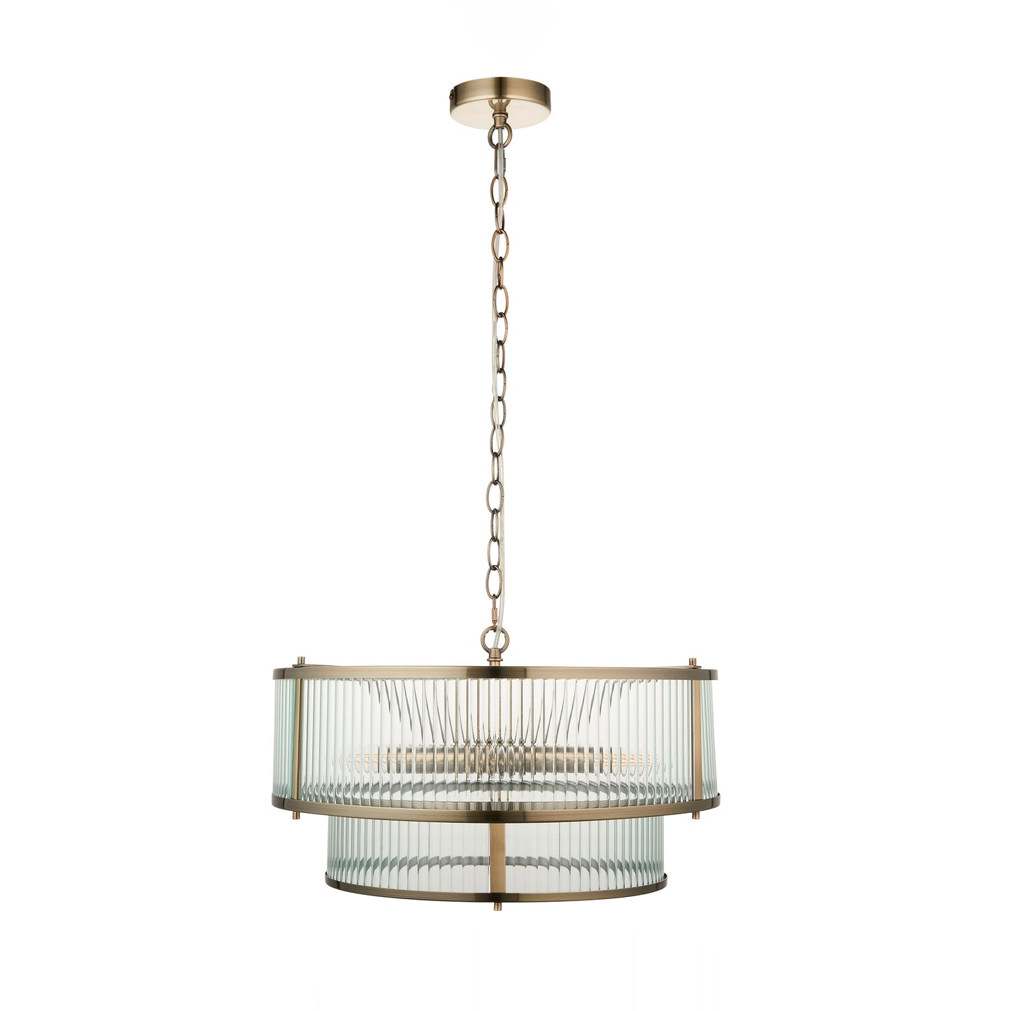 Antique Brass Two Tier Pendant with Clear Ribbed Glass Panels - ID 13503