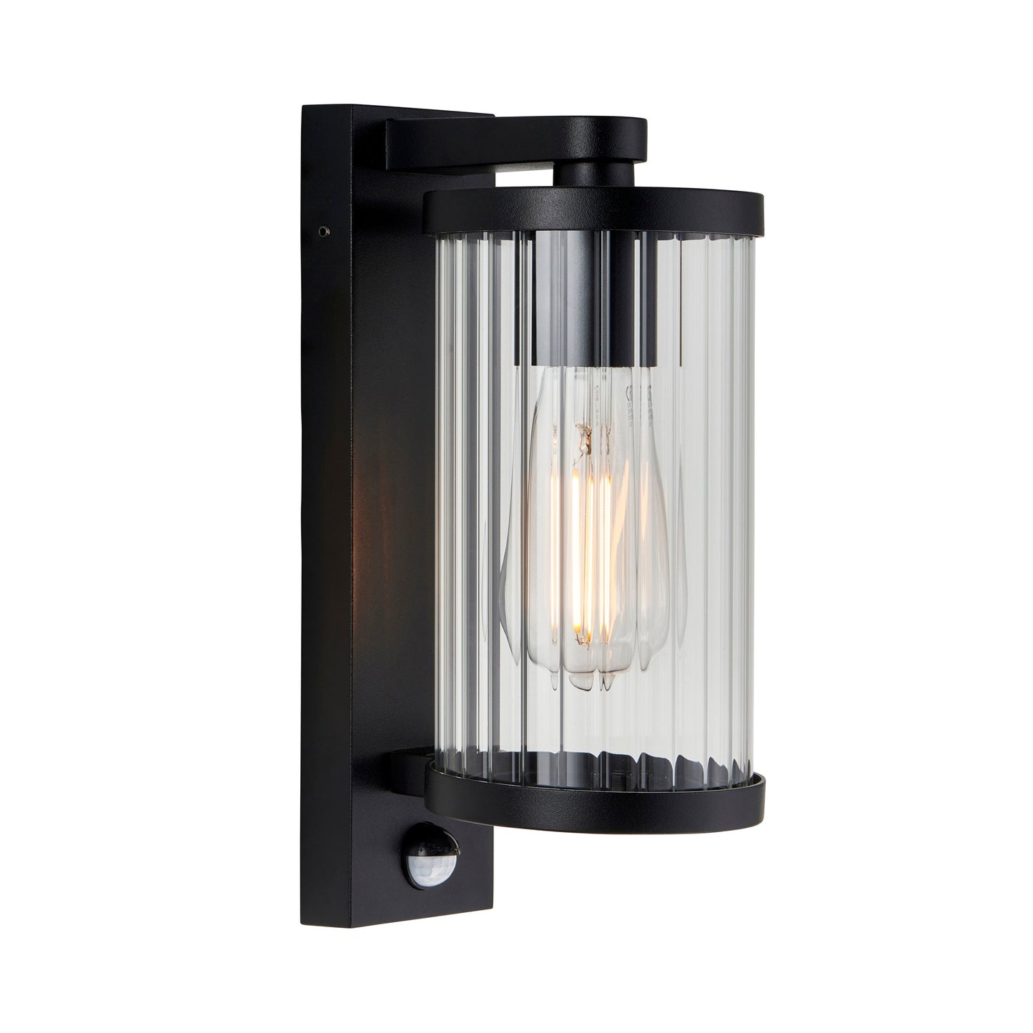 Outdoor Wall Light with Integrated PIR in Black with Ribbed Glass - ID 13968