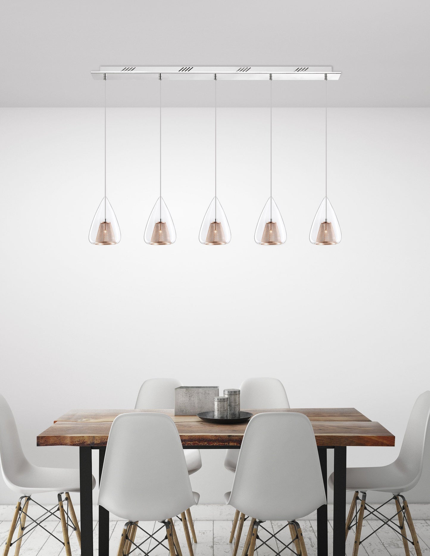 Copper Mesh and Glass 5 Lamp Linear Bar Pendant