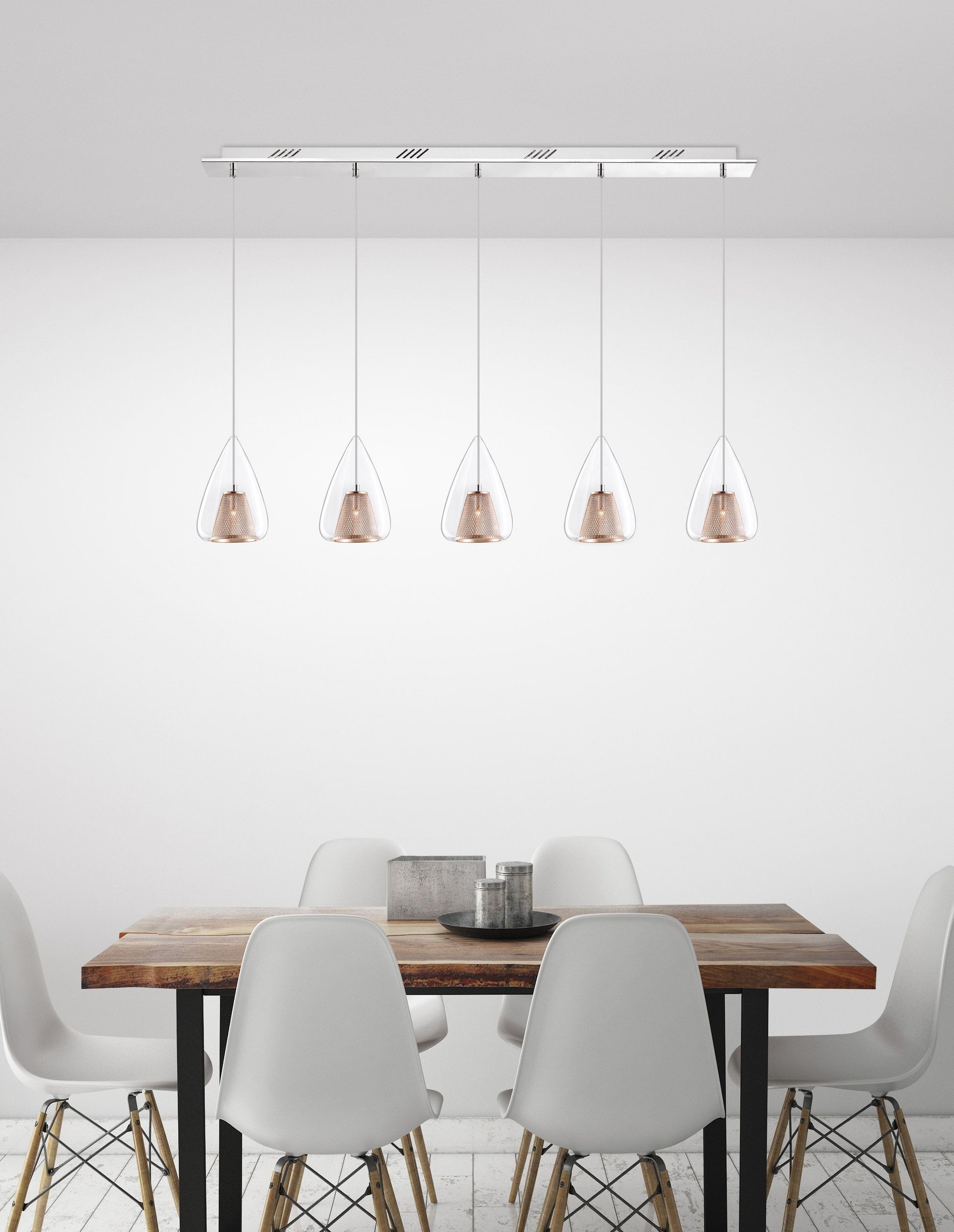 Copper Mesh and Glass 5 Lamp Linear Bar Pendant