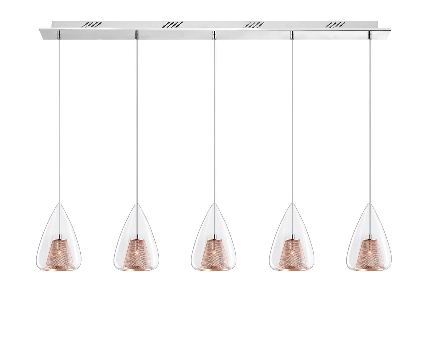 Copper Mesh and Glass 5 Lamp Linear Bar Pendant