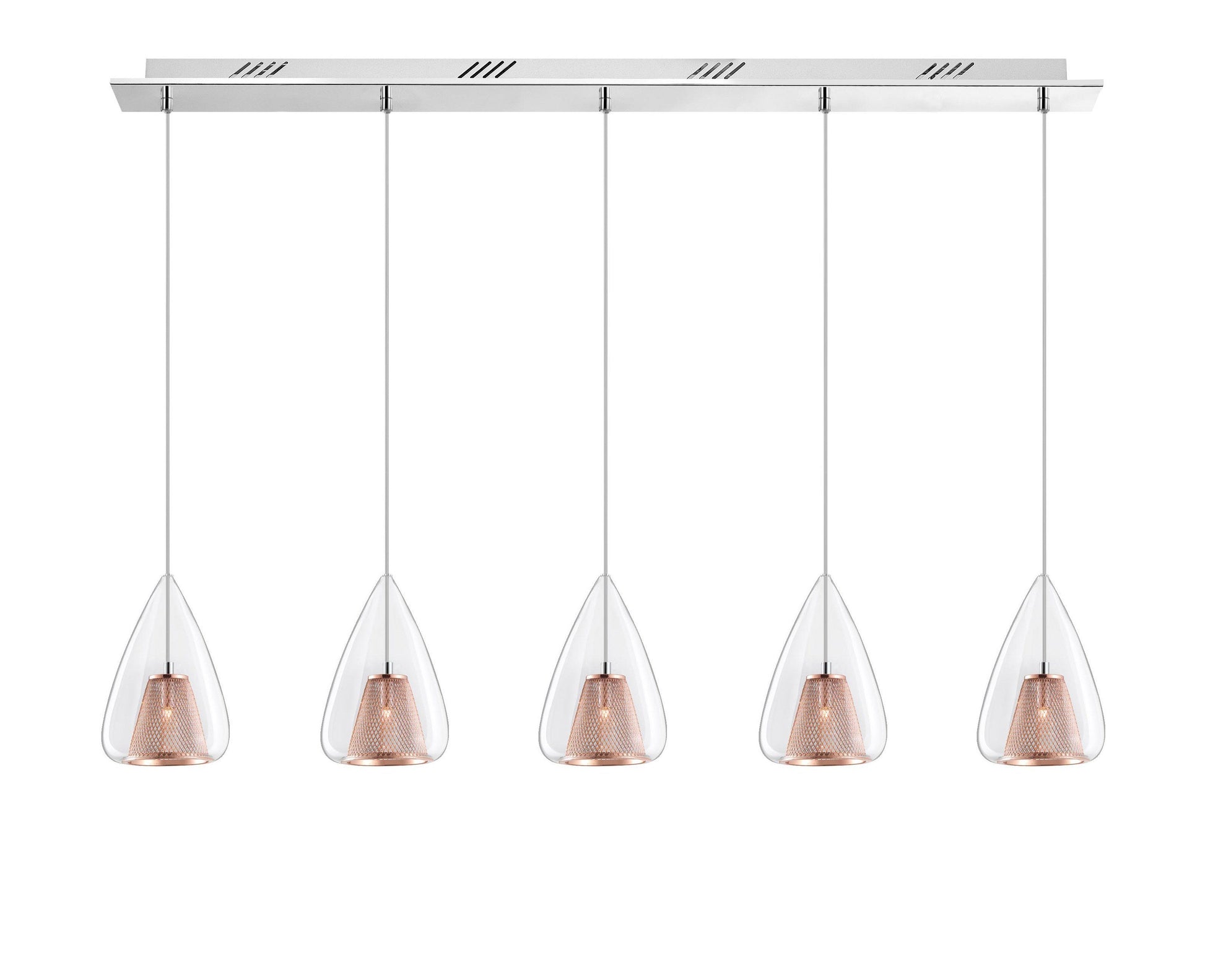 Copper Mesh and Glass 5 Lamp Linear Bar Pendant