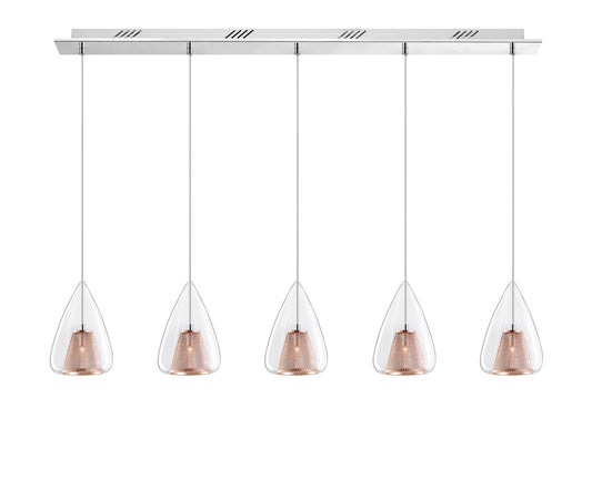 Copper Mesh and Glass 5 Lamp Linear Bar Pendant