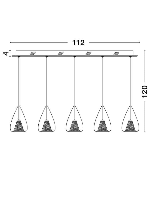 Copper Mesh and Glass 5 Lamp Linear Bar Pendant dimention chart