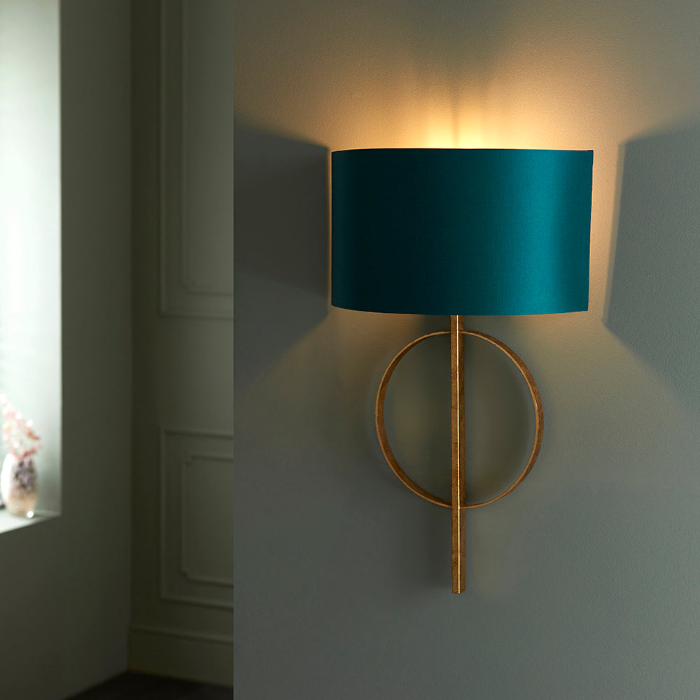 Hoop Detail Wall Light In Gold Leaf With Teal Satin Fabric - ID 11187