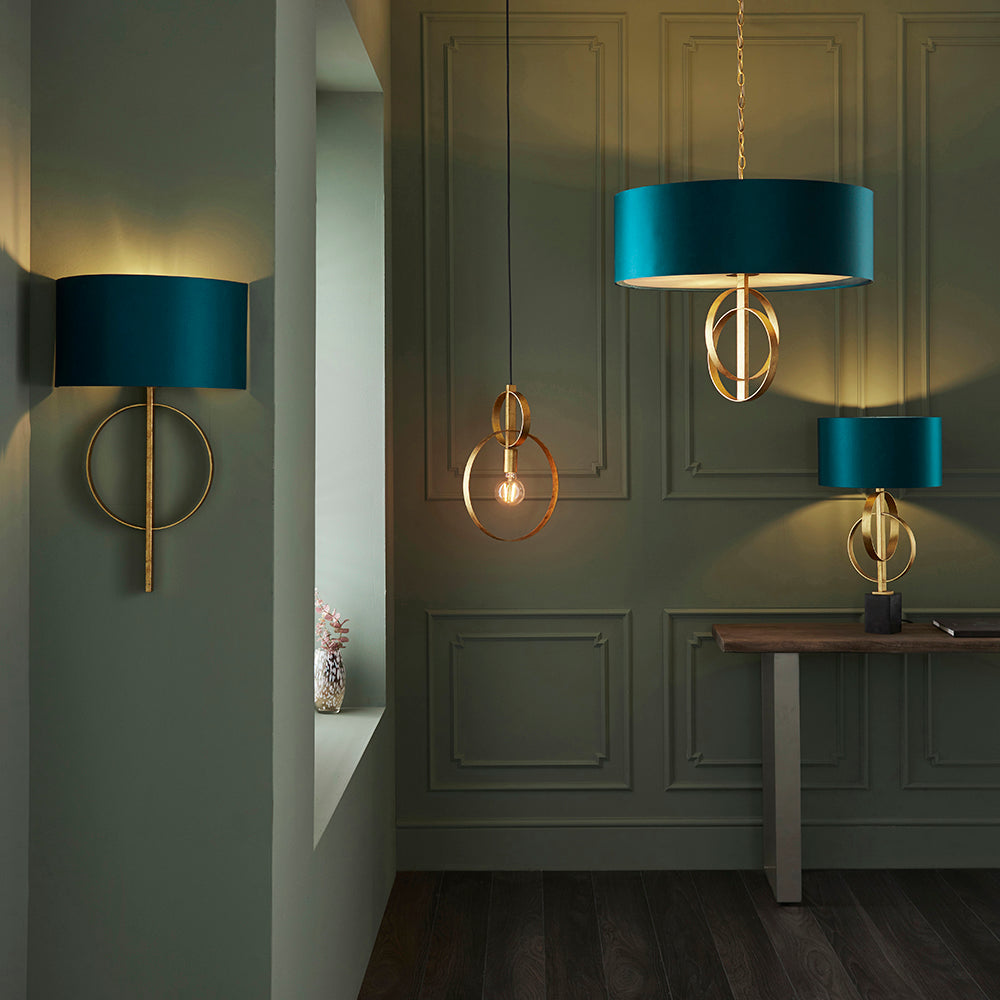Hoop Detail Wall Light In Gold Leaf With Teal Satin Fabric - ID 11187