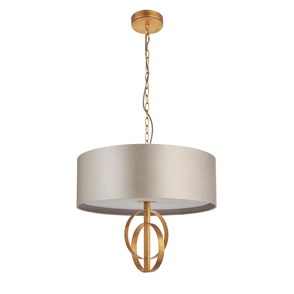 Hoop Detail Medium Three Light Pendant In Gold Leaf With Mink Satin Fabric - ID 11180