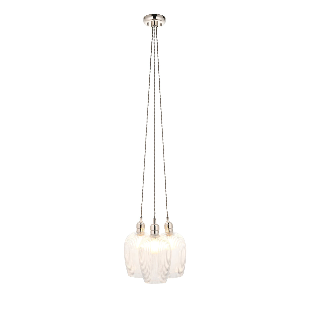 3 Light Wine Glass Cluster Pendant in Polished Nickel with Clear Ribbed Glass - ID 14906