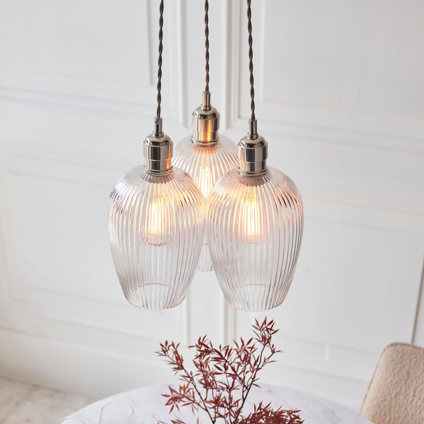 3 Light Wine Glass Cluster Pendant in Polished Nickel with Clear Ribbed Glass - ID 14906