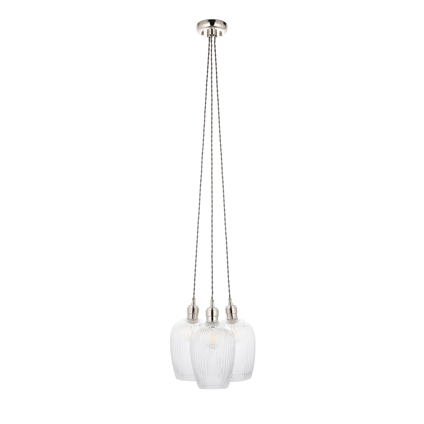 3 Light Wine Glass Cluster Pendant in Polished Nickel with Clear Ribbed Glass - ID 14906