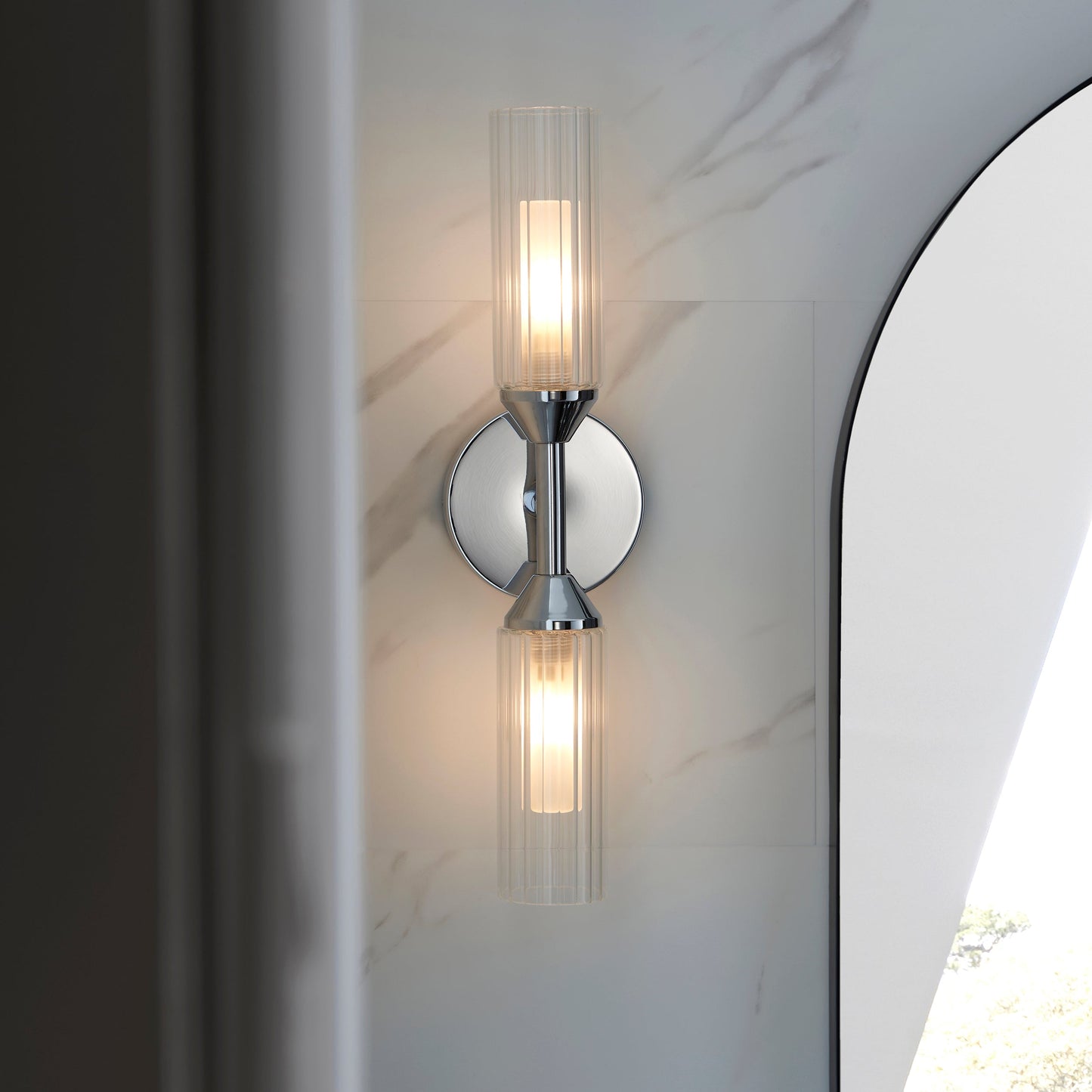 Polished Chrome & Ribbed Glass Two Lamp IP44 Wall Light - ID 11638