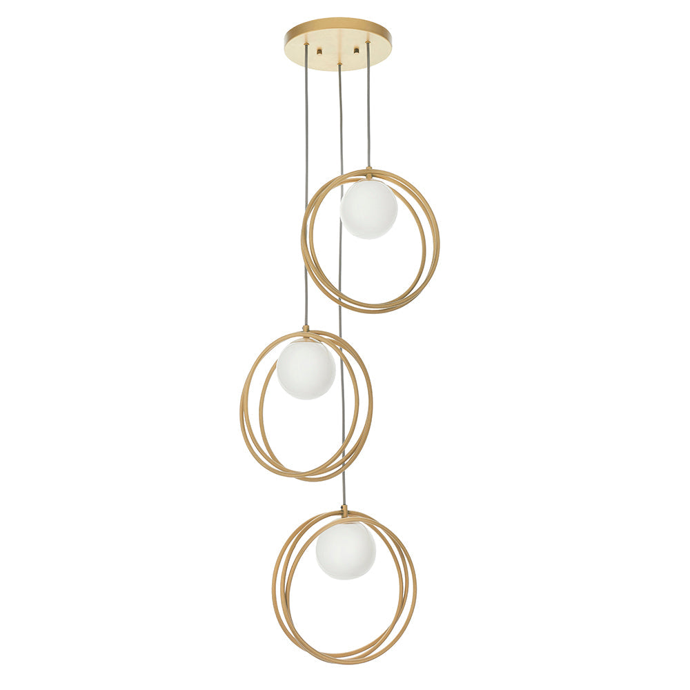 Brushed Gold & Opal Glass Three Lamp Multiple Drop Pendant - ID 11151