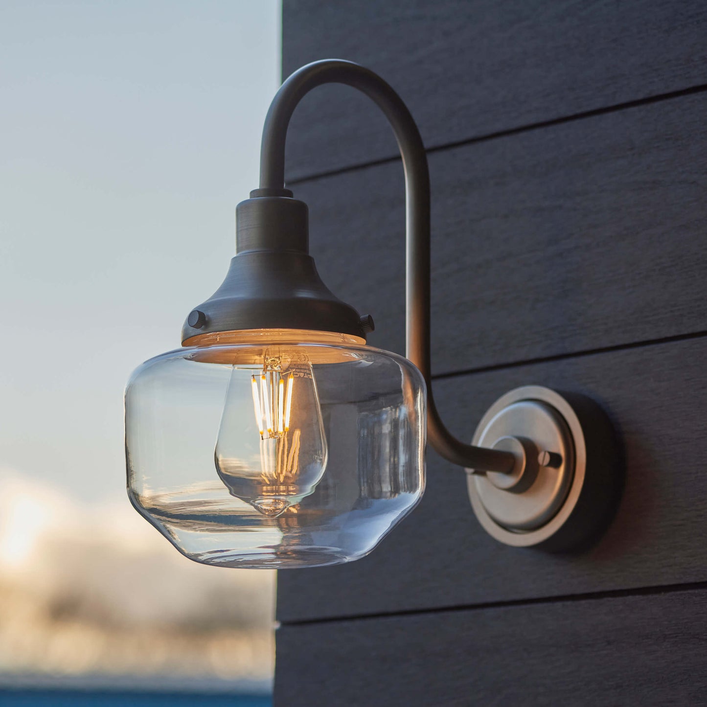 Aged Pewter Swan Neck Wall Light With Clear Glass Shade  - ID 12498