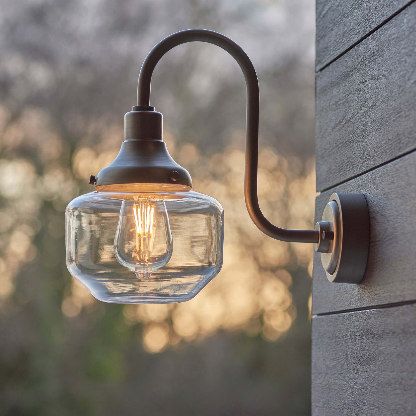 Aged Pewter Swan Neck Wall Light With Clear Glass Shade  - ID 12498