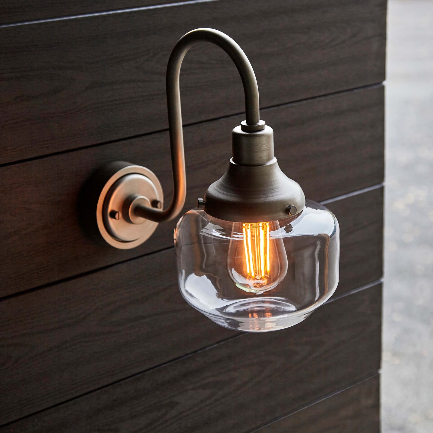 Aged Pewter Swan Neck Wall Light With Clear Glass Shade  - ID 12498