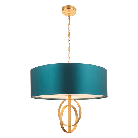 Hoop Detail Large Five Light Pendant In Gold Leaf With Teal Satin Fabric - ID 11184