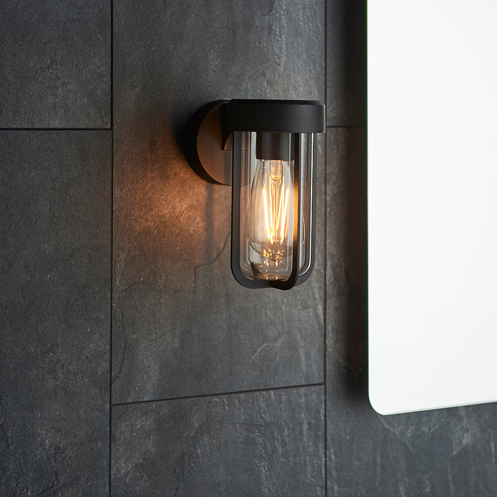 Die Cast IP44 Wall Light In Matt Black With Clear Glass  - ID 11073