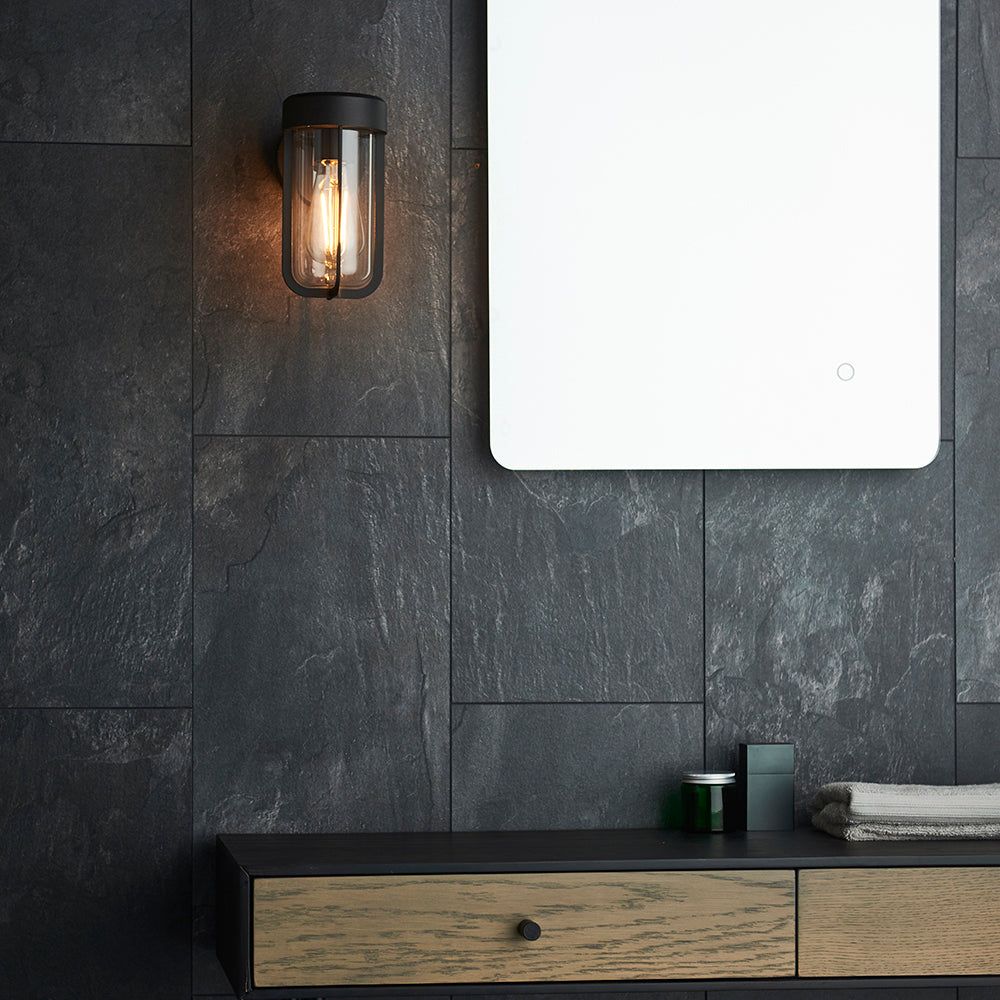 Die Cast IP44 Wall Light In Matt Black With Clear Glass  - ID 11073