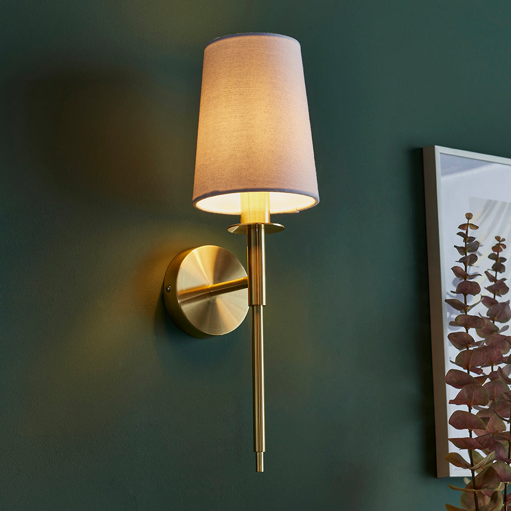 Satin Brass Plated Slimline Wall Light With White Fabric Shade - ID 11131
