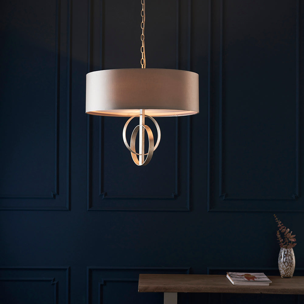 Hoop Detail Medium Three Light Pendant In Silver Leaf With Mink Satin Fabric - ID 11171