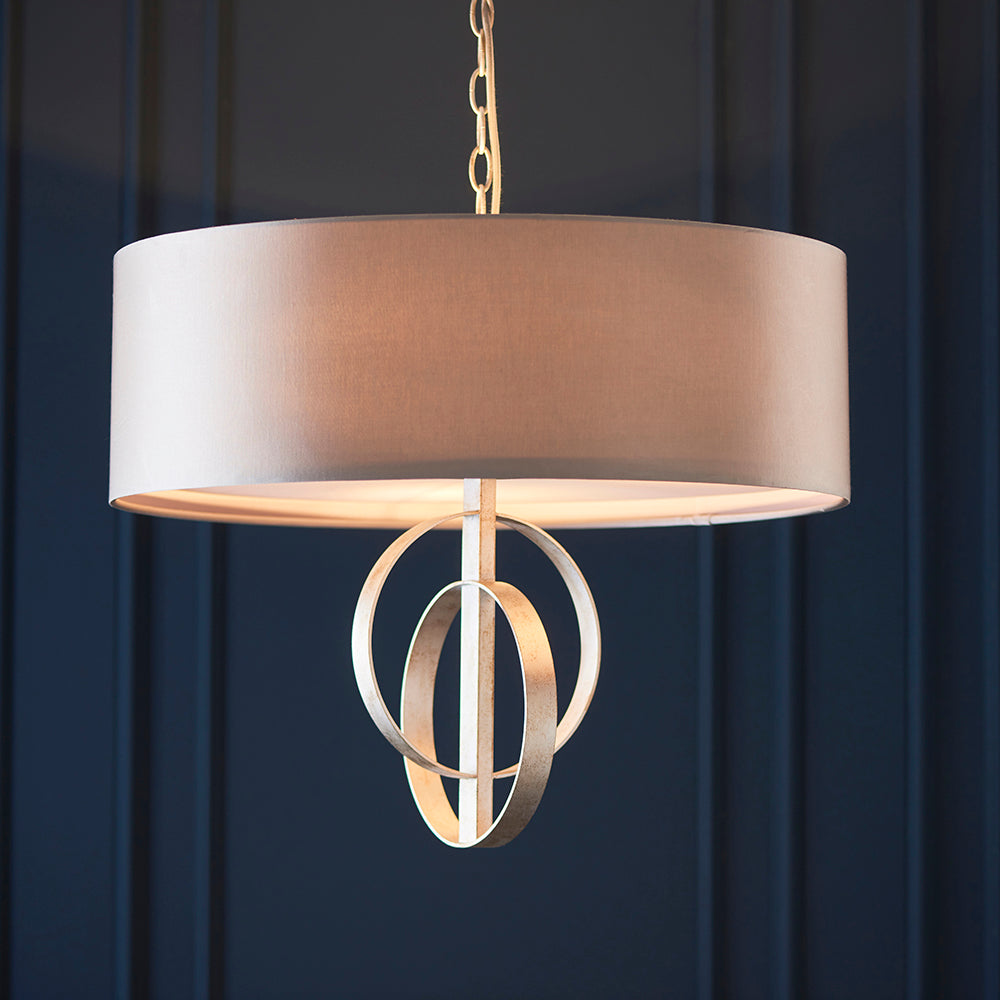 Hoop Detail Medium Three Light Pendant In Silver Leaf With Mink Satin Fabric - ID 11171