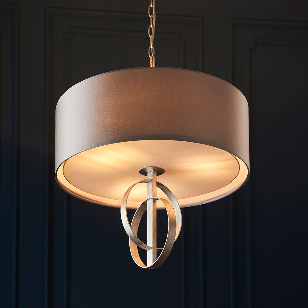 Hoop Detail Medium Three Light Pendant In Silver Leaf With Mink Satin Fabric - ID 11171