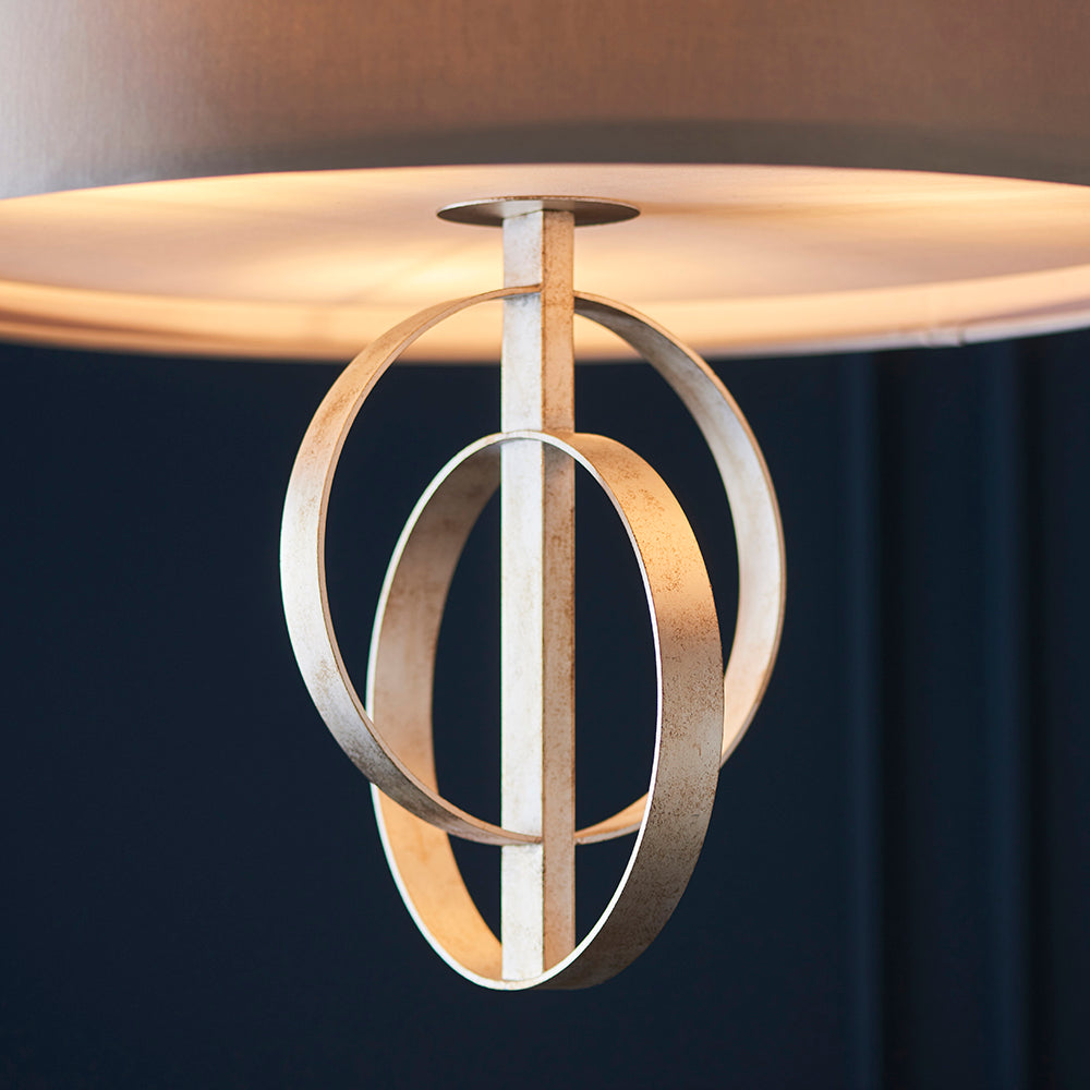 Hoop Detail Medium Three Light Pendant In Silver Leaf With Mink Satin Fabric - ID 11171