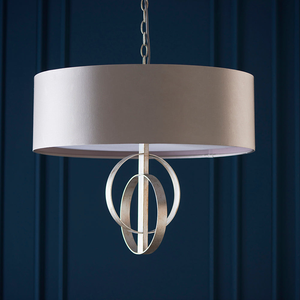 Hoop Detail Medium Three Light Pendant In Silver Leaf With Mink Satin Fabric - ID 11171