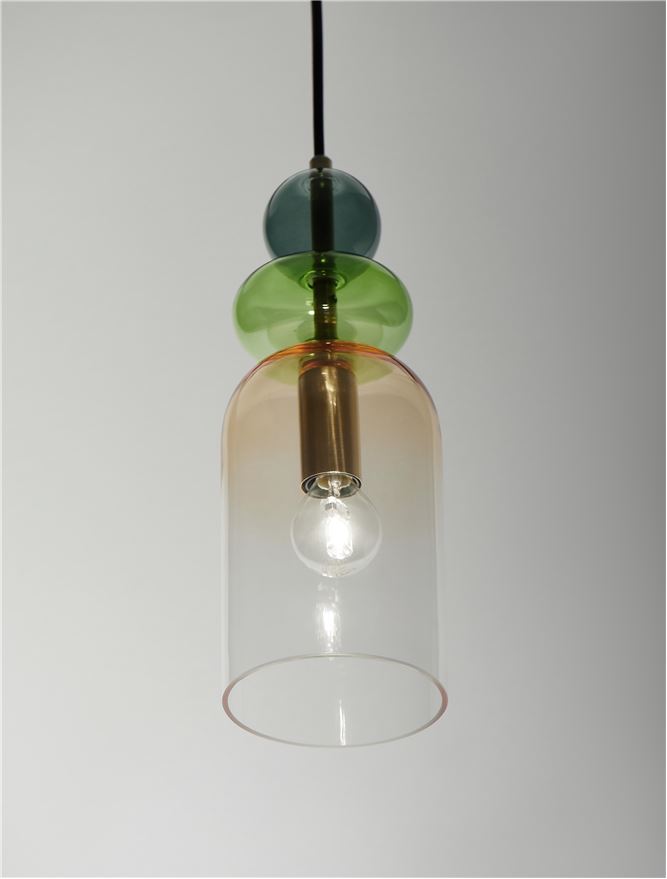 MUR Sandy Gold Metal Glossy Light & Dark Green & Orange Glass Single Pendant - ID 12514