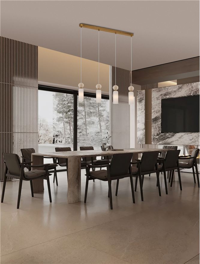 FIL Neutral Stone Travertine & Opal Glass 4 Light Linear Pendant - ID 14625