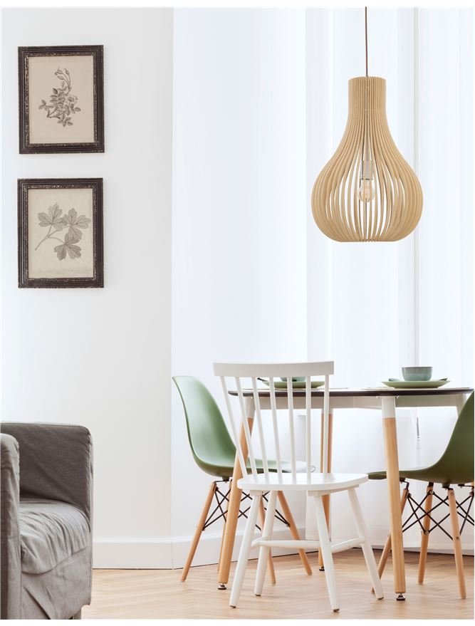 SOH Natural Wood & Dark Brown Fabric Cable Single Pendant - ID 10441