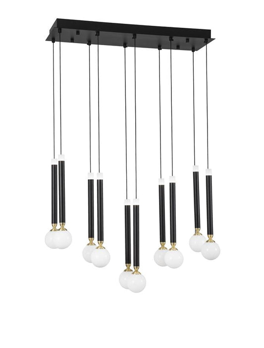 CAY Glass Opal Orb With Brass & Black Metalwork 10 Lamp Multiple Drop Pendant - ID 9968