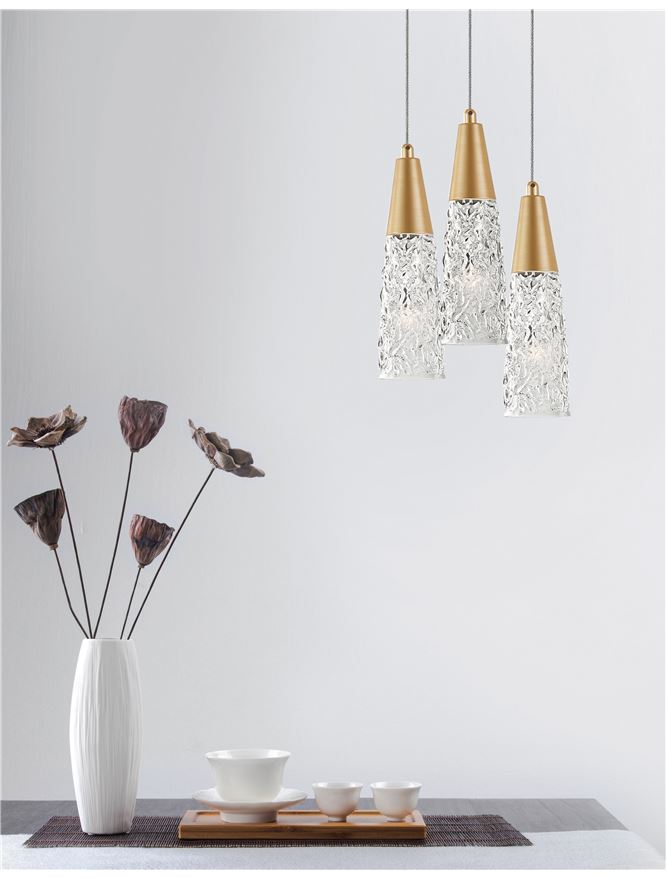 KOV Clear Structured Glass & Brushed Gold Multi Drop Pendant - ID 10551