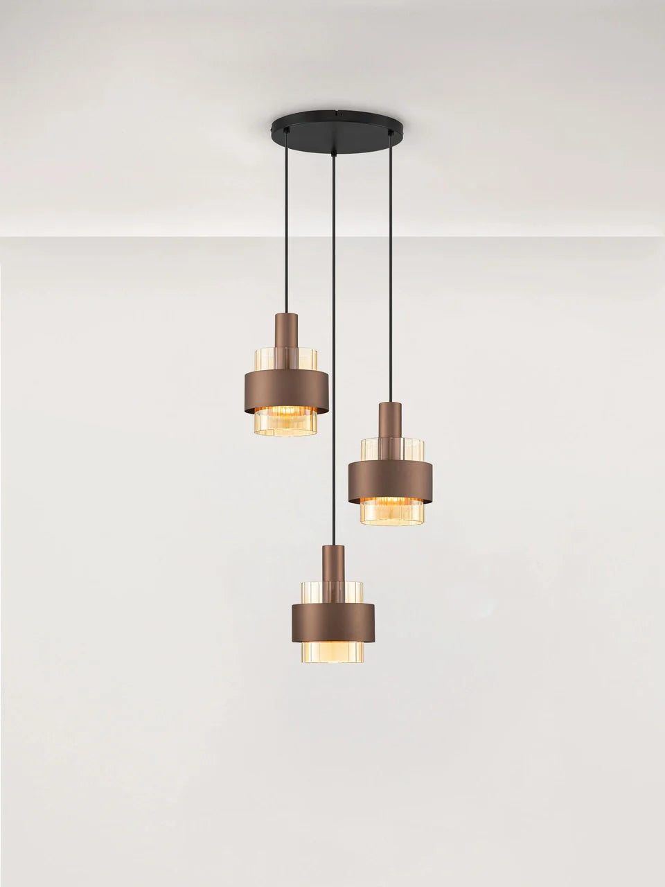 ENA Coffee & Ribbed Amber Glass 3 Light Multi Pendant - ID 14728