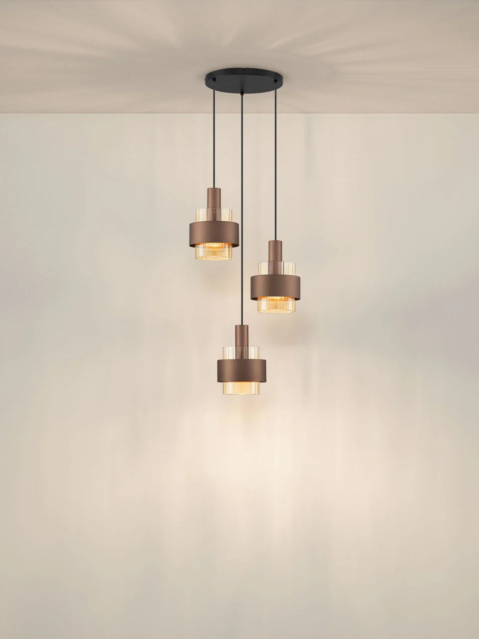 ENA Coffee & Ribbed Amber Glass 3 Light Multi Pendant - ID 14728
