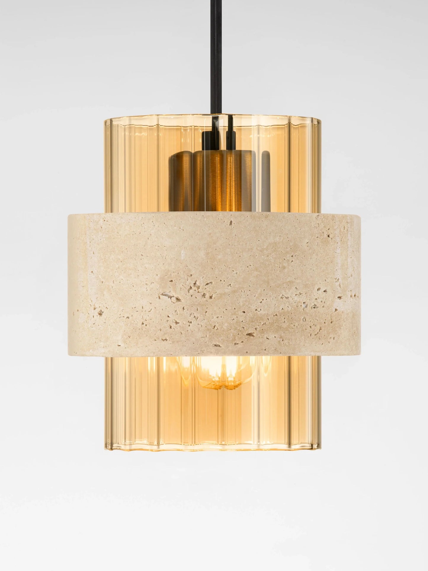 ELO Natural Travertine & Ribbed Amber Glass Single Pendant - ID 14734