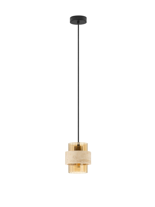 ELO Natural Travertine & Ribbed Amber Glass Single Pendant - ID 14734