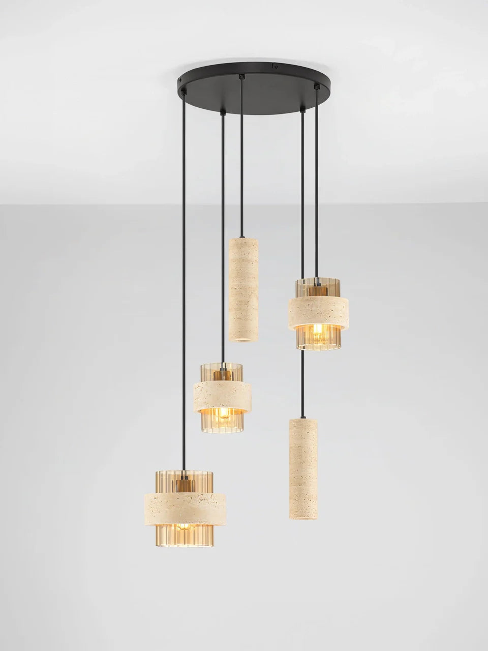 ELO Natural Travertine & Ribbed Amber Glass 5 Light Multi Pendant - ID 14735