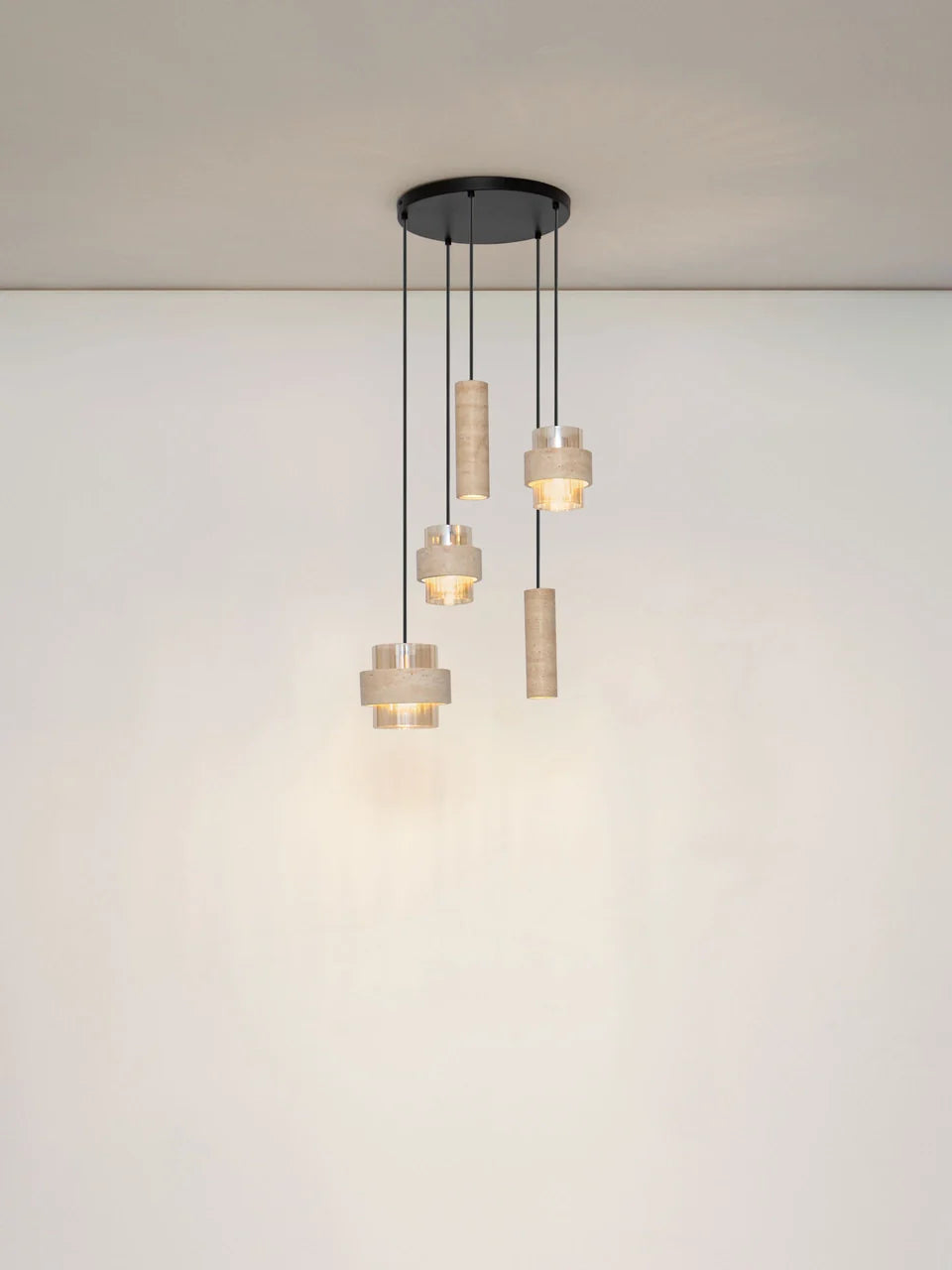 ELO Natural Travertine & Ribbed Amber Glass 5 Light Multi Pendant - ID 14735