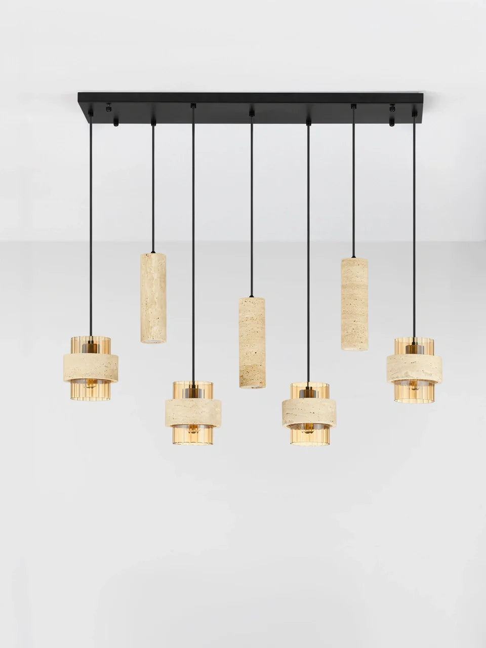 ELO Natural Travertine & Ribbed Amber Glass 7 Light Linear Pendant - ID 14737