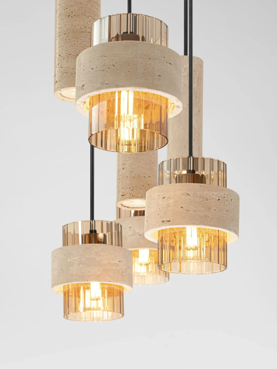 ELO Natural Travertine & Ribbed Amber Glass 7 Light Linear Pendant - ID 14737