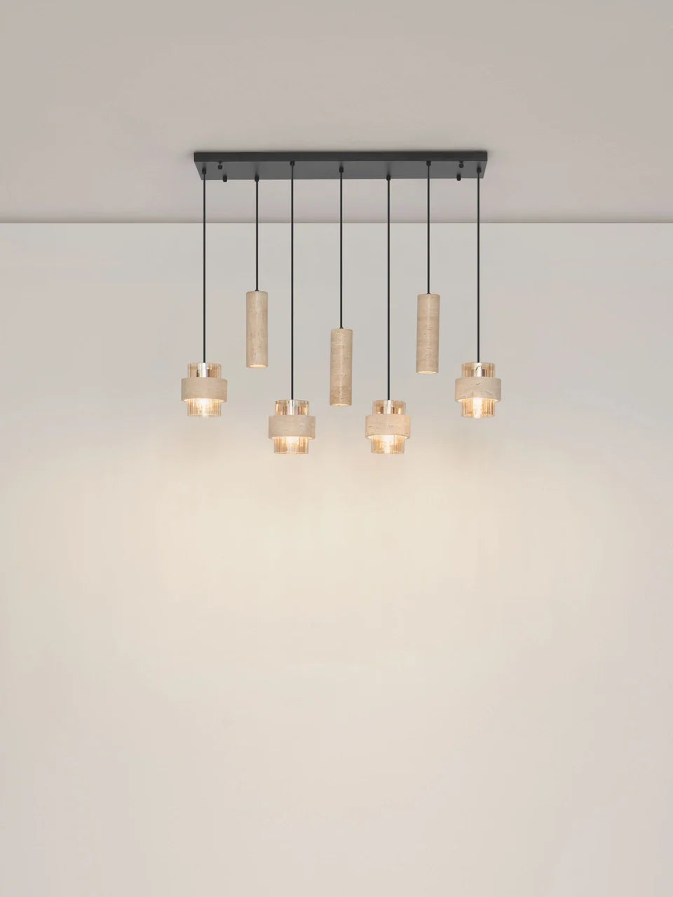 ELO Natural Travertine & Ribbed Amber Glass 7 Light Linear Pendant - ID 14737