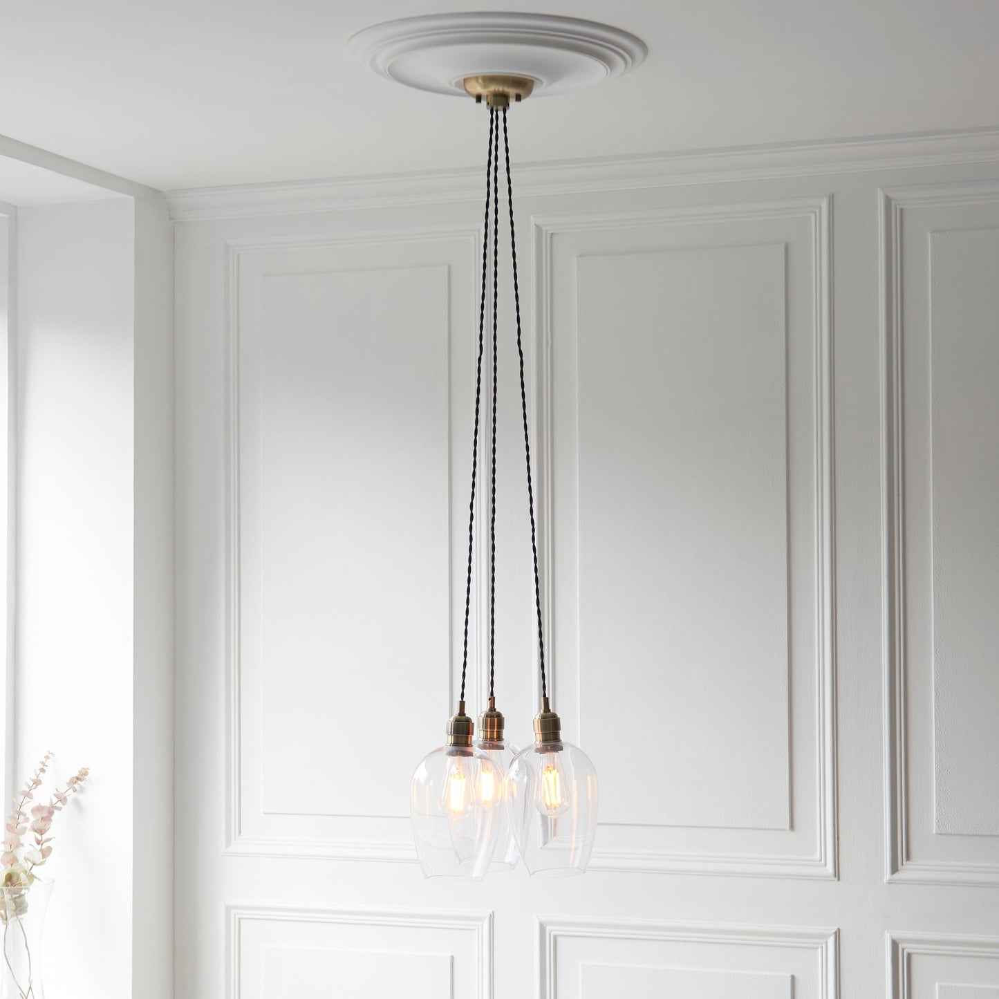 3 Light Wine Glass Cluster Pendant in Antique Brass with Clear Glass - ID 14902