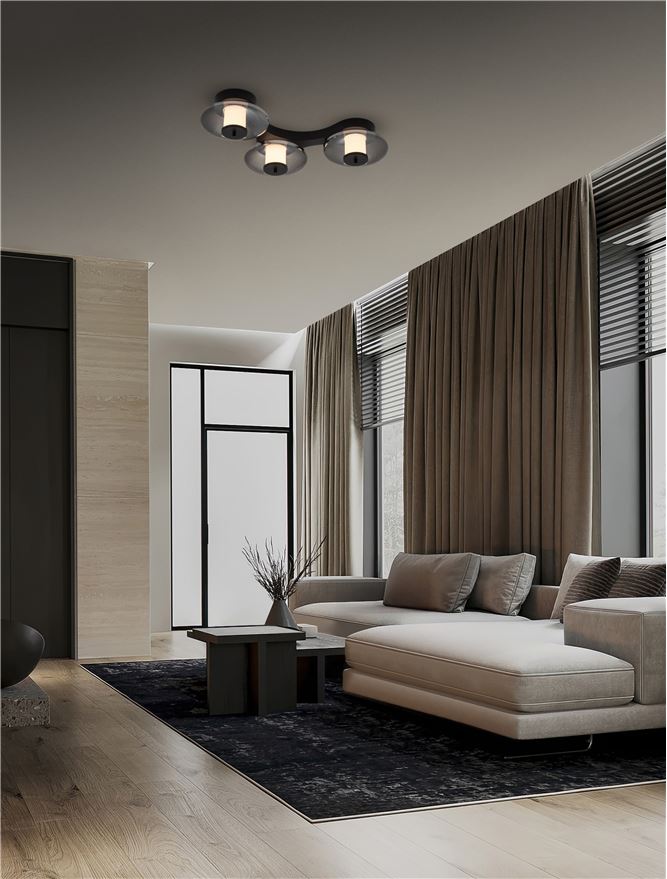 BAL Sandy Black Metal & Smoky Grey Glass 3 Light Semi-Flush - ID 14596