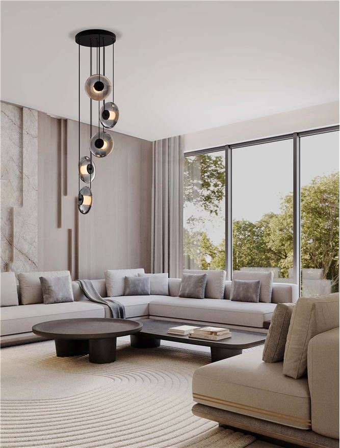 BAL Sandy Black Metal & Smoky Grey Glass 5 Light Multi-Pendant - ID 14594