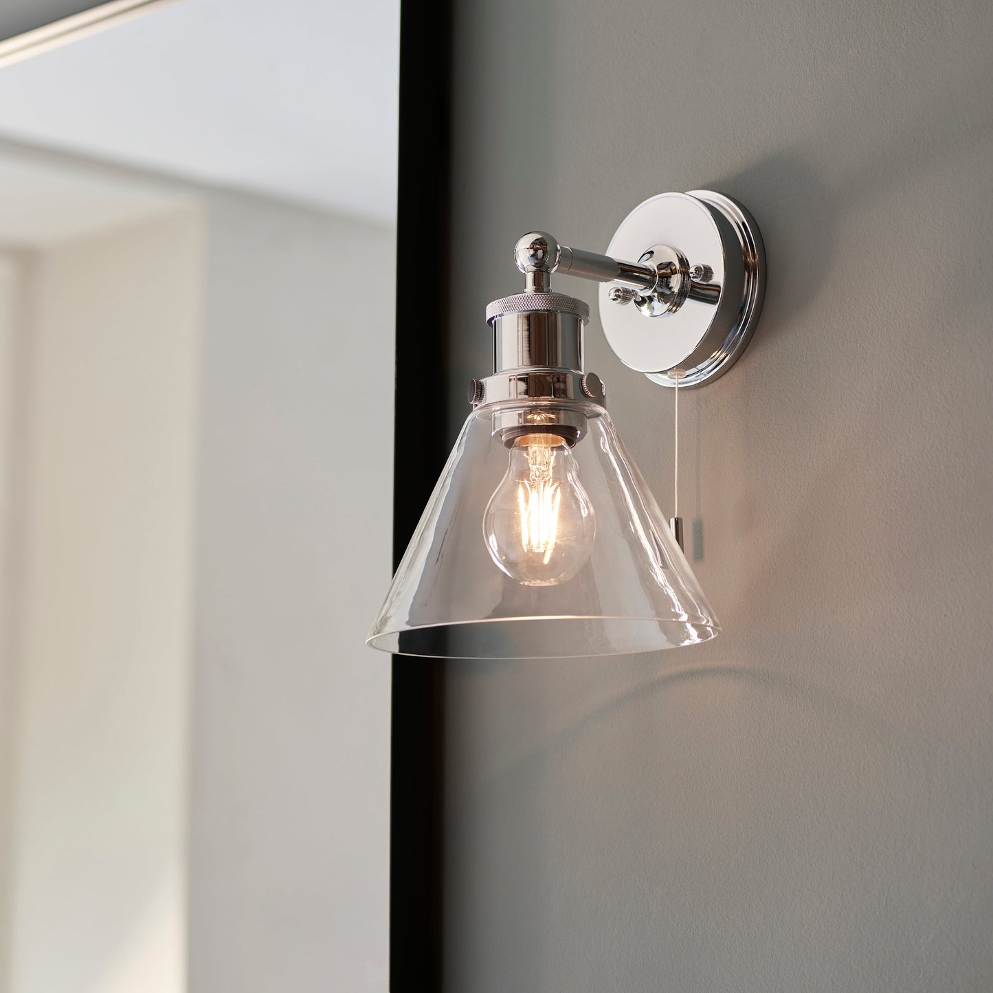 Chrome Bathroom Wall Light with Glass Cone Shade - ID 14348
