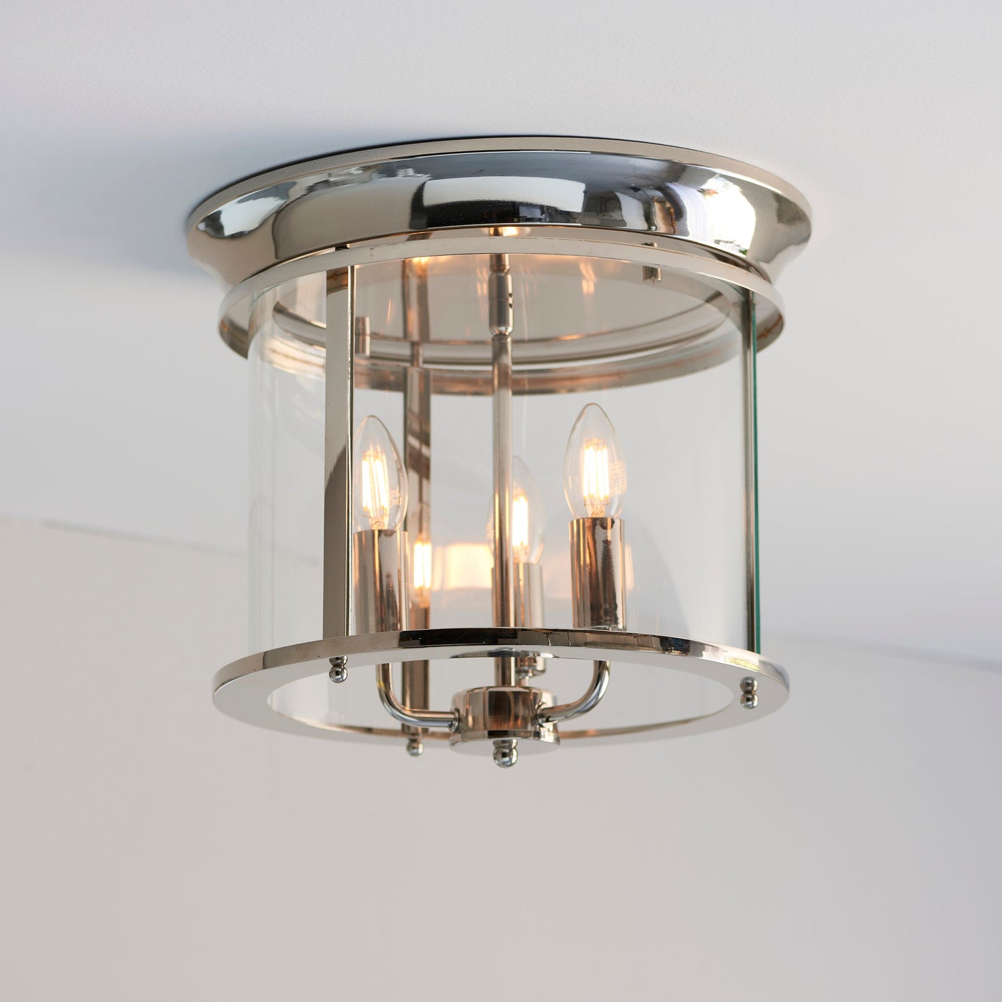 Nickel & Clear Glass Flush Ceiling 3 Lamp Ceiling Lantern - ID 11586